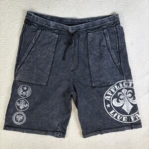 RARE Affliction Shorts Mens Large 35 Black Y2K USA Made Knit Cotton Drawstring
